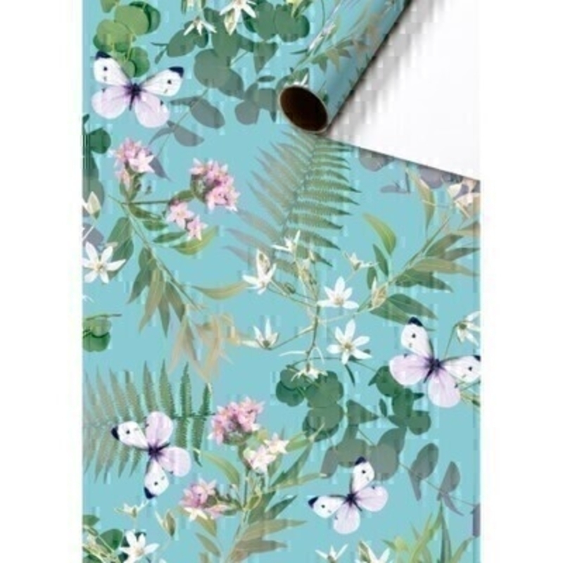 Butterfly and Flowers Blue Gift Wrap on Roll